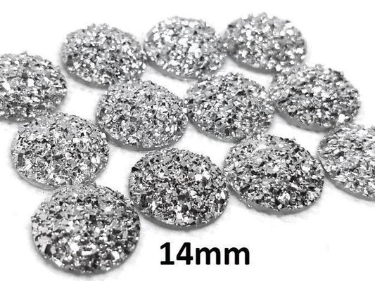 CA676 - 10 pcs Druzy Resin Embellishment Cabochons Silver - 14mm - Dome Circle