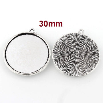 P445 - 10 pcs. Antique Silver Circle Round Bezel Cabochon Pendant Tags Trays - 30mm Glue Pad Setting Housing Cups - Single Sided