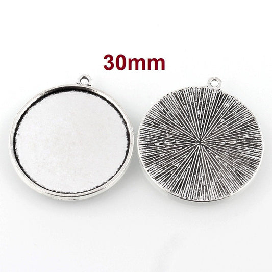 P445 - 10 pcs. Antique Silver Circle Round Bezel Cabochon Pendant Tags Trays - 30mm Glue Pad Setting Housing Cups - Single Sided