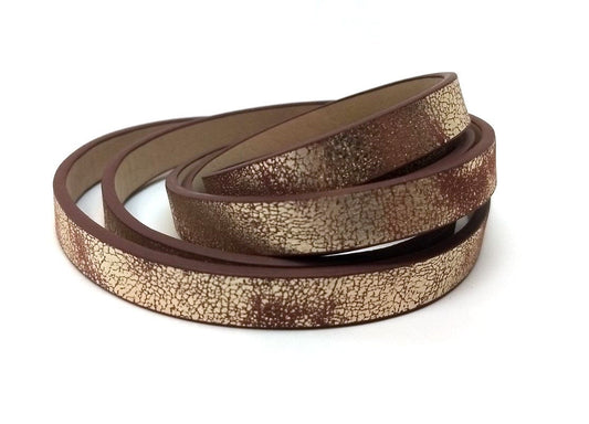 N177 - 1M (3.28 FT) - Brown and Gold FLAT Faux Leather Jewelry Cord - 10mm Wide - DISTRESSED