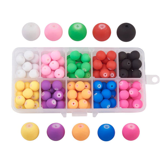 BD563 - 150 Beads - 10mm Assortment Box of Glass Frosted Rubberized Round Beads - Hole Size: 1.3mm - 10 Colors!