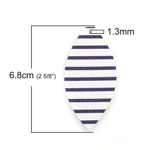 P1131 - 10 pcs. White with Blue Stripes Faux Leather Dangle Charms Pendants - Marquise - 68mm (2.7") - Great for Earrings &amp; Dangles! Double Sided
