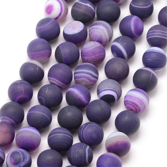 BD500 - 36 Beads - 10mm Natural Agate Purple Striped Frosted Round Beads - 15" strand - Approx 36-37 beads per strand - Hole Size: 1mm