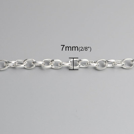 N187 - 2M (6.6 Ft) - Silver Plated Cable Chain Link - 8mm x 7mm - HEAVY DUTY