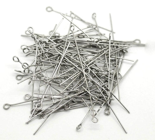 A048 - 200 pcs. 304 Stainless Steel Eye Head Pins - 40mm (1 5/8") - 21 Gauge (0.7mm Thick) - Hole Size: 1.8mm - Hypoallergenic! Tarnish Resistant!