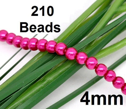BD697 - 4mm Pink Glass Pearl Imitation Round Beads - 32 inch strand - Approx. 210 beads - Hole Size: 1mm