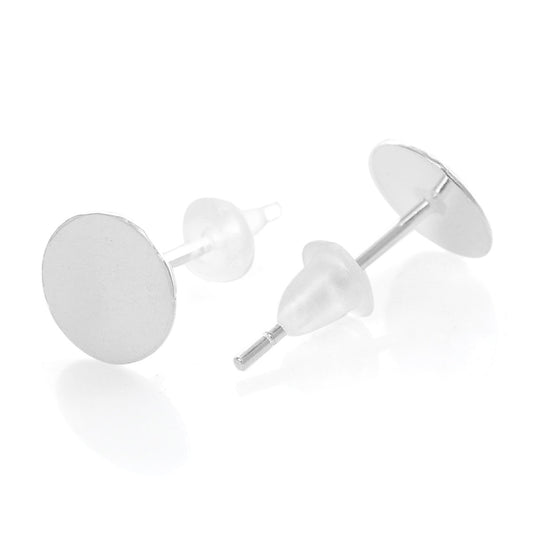 E352 - 4 pcs (2 Pairs) 925 Sterling Silver Earring Posts/Bases/Studs/Settings with Rubber Backs - 8mm Glue Pad