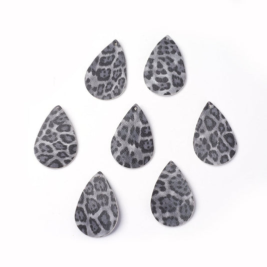 P2223 - 10 pcs. Leopard Faux Leather Dangle Charms Pendants - Teardrop - Black and Gray - 56mm (2.2") - Double Sided