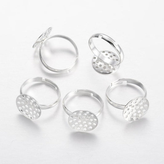 RB045 - 10 pcs. Silver Plated ADJUSTABLE RING BASES - Glue Pad 14mm - 17mm (Ring Size 7)
