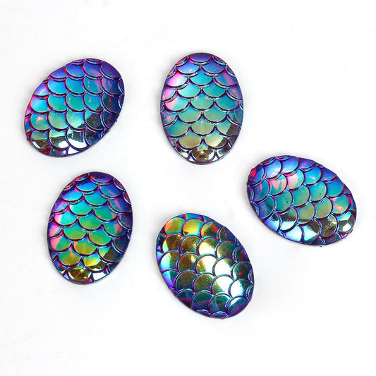 CA1021 - 10 pcs Mermaid Fish Scales Resin Carved Embellishment Cabochons Purple Multicolor - 18x13mm - 18mm x 13mm - Oval