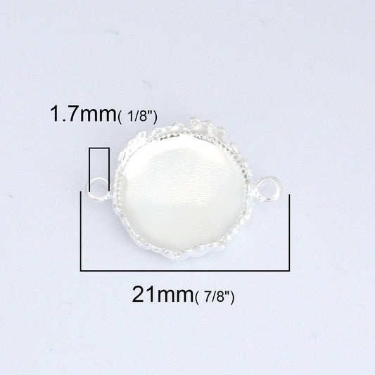 CA837 - 6 pcs. 18k Platinum Filled Shiny Silver Circle Round Bezel Cabochon Cameo Connector Tags Trays - 12mm Glue Pad - Crown Design