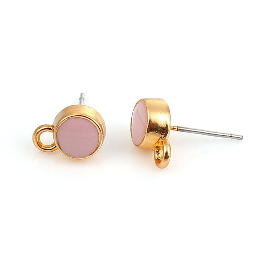 E731 - 10 pcs. Gold Plated with Pink Enamel Earring Posts Studs with Loop Cabochons Tacks- 10mm x 7mm Base - 16.6mm Length - Hole Size: 2.2mm
