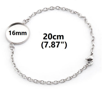 B096 - 3 pcs. 304 Stainless Steel Silver Tone Chain Bracelets - 7.87" (20cm) - 16mm Bezel - Tarnish Resistant!