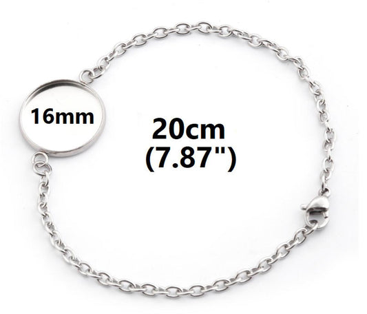 B096 - 3 pcs. 304 Stainless Steel Silver Tone Chain Bracelets - 7.87" (20cm) - 16mm Bezel - Tarnish Resistant!