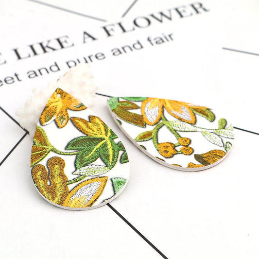 P230A - 4 pcs. White, Green, Yellow Floral Embroidered Faux Leather Dangle Charms Pendants - Teardrop - 56mm (2.2") - Double Sided