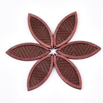 P2102 - 4 pcs. Dark Brown REAL Leather Cowhide over Wood Dangle Pendants - Rattan - Marquise - 46mm (1.81") - Great for Earrings or Dangles!