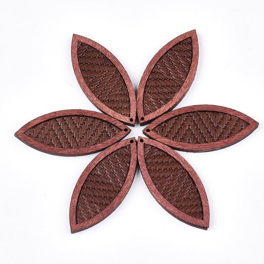 P2102 - 4 pcs. Dark Brown REAL Leather Cowhide over Wood Dangle Pendants - Rattan - Marquise - 46mm (1.81") - Great for Earrings or Dangles!