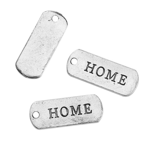 P355A - 30 pcs. Antique Silver "Home" Rectangle Charms Pendants - 21mm x 8mm