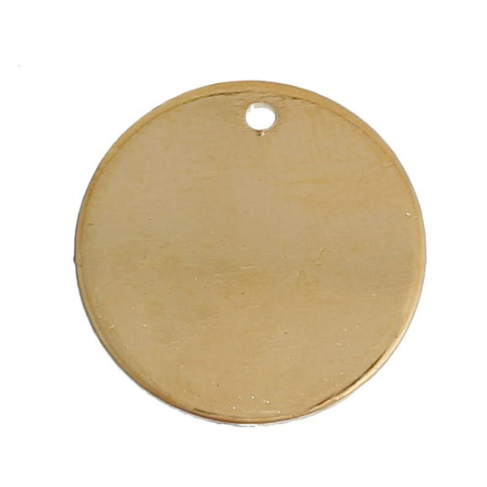 P982 - 10 pcs. Gold Plated Round Circle Stamping Tags - 15mm (0.59 inch) (1.5 cm) - Hole Size: 1.1mm - Made of Copper! - 1.2mm Thick