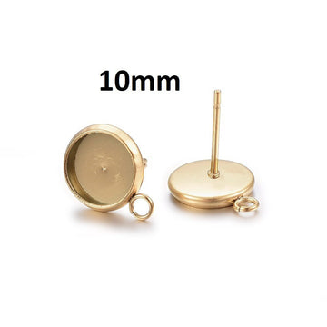 E381 - 10 pcs. 304 Stainless Steel Golden Earring Posts Studs Settings Bezels Cabochons Tacks with Loop - 10mm Glue Pad Setting - Parallel Loop