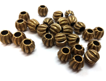 BD720 - 25 pcs Antique Brass Corrugated Striped METAL Ball Spacer Beads - 12mm - Large Hole: 5.5mm - Fits European Cords and Paracord!