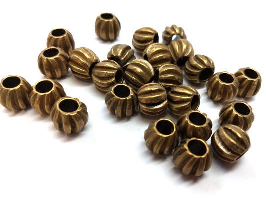 BD720 - 25 pcs Antique Brass Corrugated Striped METAL Ball Spacer Beads - 12mm - Large Hole: 5.5mm - Fits European Cords and Paracord!