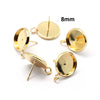 E394 - 10 pcs. Golden Earring Posts Studs Settings Bezels Cabochons Tacks with Loop - 8mm Glue Pad Setting - Perpendicular Loop
