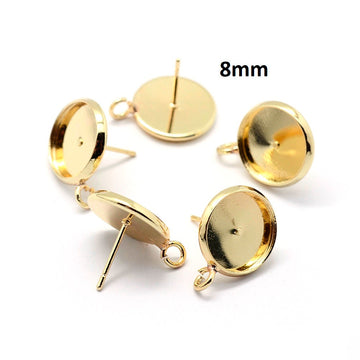 E394 - 10 pcs. Golden Earring Posts Studs Settings Bezels Cabochons Tacks with Loop - 8mm Glue Pad Setting - Perpendicular Loop