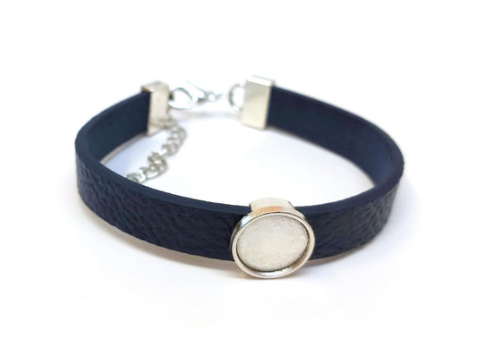 B067 - 2 pcs. Blue Faux Leather Bracelets with 12mm Glue Pad Bezel Trays and Extender Chains - Adjustable from 7" to 9"