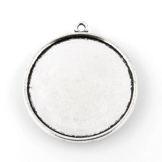 P445 - 10 pcs. Antique Silver Circle Round Bezel Cabochon Pendant Tags Trays - 30mm Glue Pad Setting Housing Cups - Single Sided