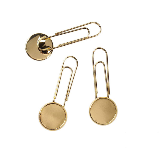 CA701 - 10 pcs. Gold Plated Paper Clips Cabochons Bezels - 38mm x 14mm - 12mm Circle Glue Pad