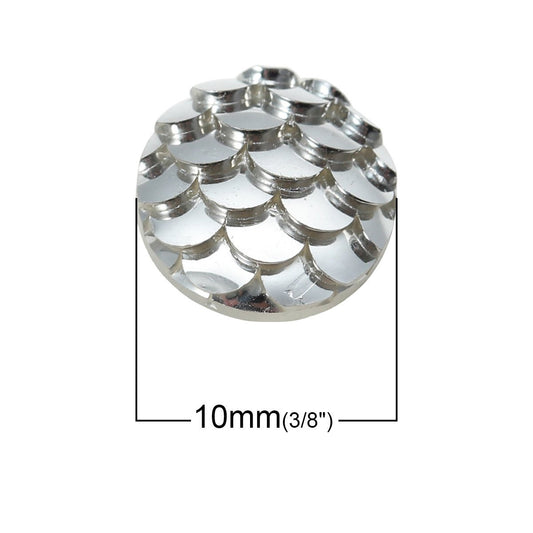 CA282 - 10 pcs Mermaid Fish Scales Resin Carved Embellishment Cabochons Silver White Clear - 10mm