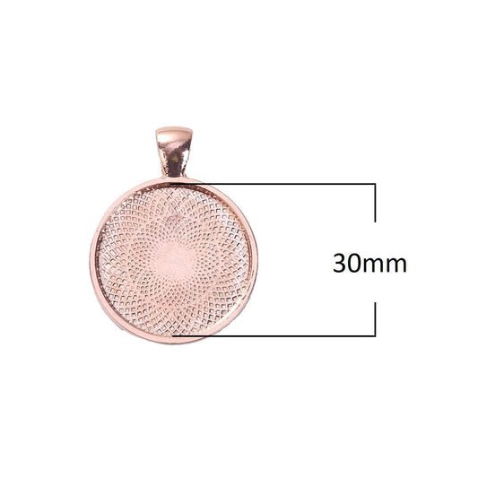 P1132 - 5 pcs. Rose Gold Plated Pendant Trays Circle Posts Settings Bezels Cabochons - 30mm Glue Pad Setting - Style A