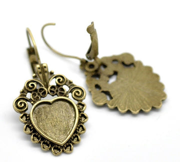 E745 - 10 pcs. Antique Bronze Earring Clips Settings Lever Back Bezels Cabochons - 12mm x 12mm Glue Pad Setting - Heart - Length: 40mm (1.57")