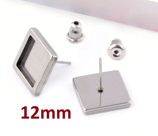 E579 - 6 pcs. Stainless Steel Silver Tone Square Earring Posts Studs Settings Bezels Cabochons Tacks- 12mm x 12mm Glue Pad Setting
