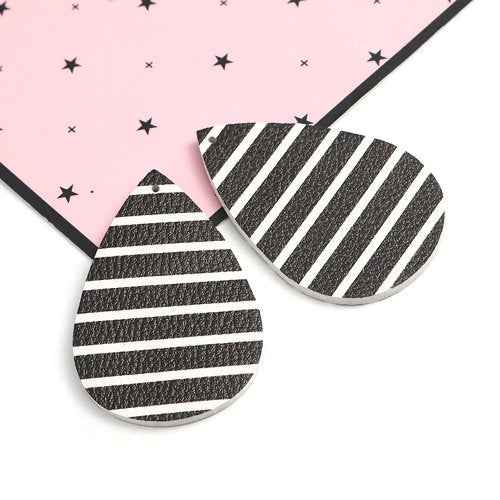 P1187 - 10 pcs. Black and White Stripe Faux Leather Dangle Charms Pendants - Teardrop - 56mm (2.2") - Great for Earrings! Double Sided - Style B