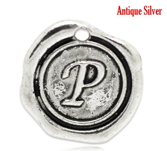 P092 - 5pcs. Antique Silver LARGE Letter "P" Alphabet Letter - 18mm x18mm - Wax Design
