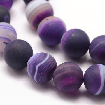 BD500 - 36 Beads - 10mm Natural Agate Purple Striped Frosted Round Beads - 15" strand - Approx 36-37 beads per strand - Hole Size: 1mm