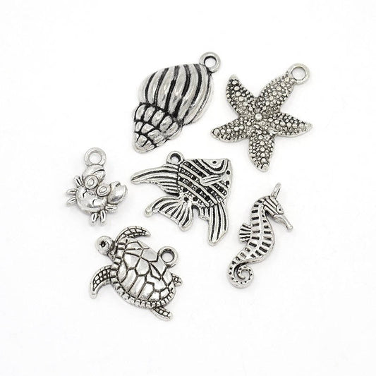 P1006 - 6 pcs. Silver Tone Beach Charms Pendants with Jump Rings- 12mm- 25mm - Variety - Assortment - Mix - Set