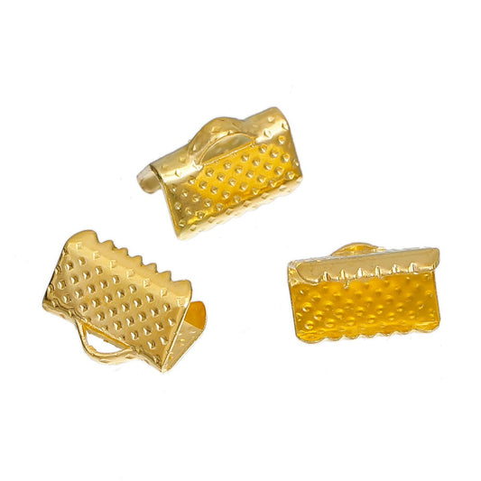 CR045 - 100 pcs. Gold Plated Textured Ribbon Crimp End Caps - 10mm x 8mm - Great for 3/8" (10mm) Ribbons and Cords!