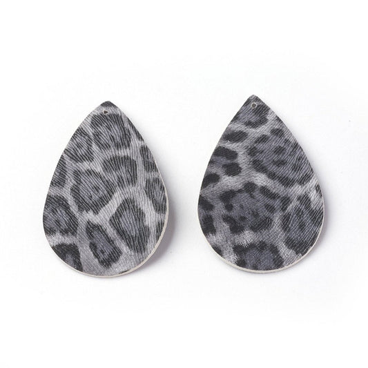 P2223 - 10 pcs. Leopard Faux Leather Dangle Charms Pendants - Teardrop - Black and Gray - 56mm (2.2") - Double Sided