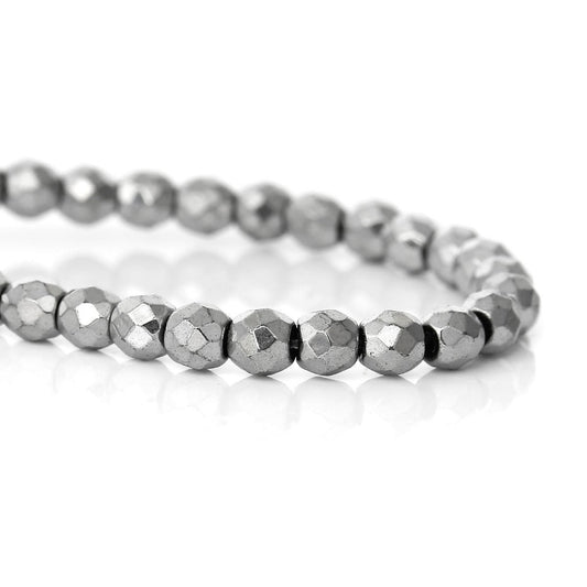 BD750 - 92 pcs. - 4mm Silver Tone Hematite Faceted Round Beads - 15 3/4 inch strand (40cm) - 0.5mm Hole Size - Grade A