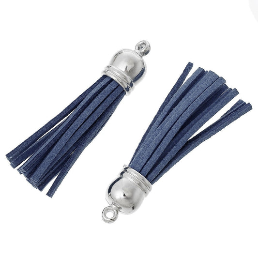P571 - 10 pcs. Dark Blue Black Faux Suede Tassel Dangle Charms Pendants - Silver Tone - 6cm (2 3/8") x 1.2cm (1/2") - Great for Dangles