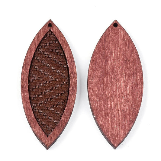 P2102 - 4 pcs. Dark Brown REAL Leather Cowhide over Wood Dangle Pendants - Rattan - Marquise - 46mm (1.81") - Great for Earrings or Dangles!