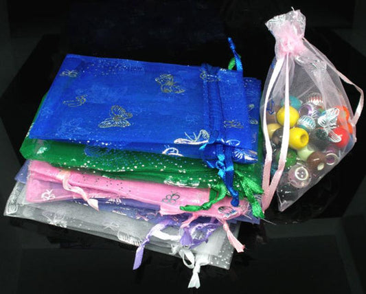 S018 - 100 Colorful Organza Bags - 12cm x 9cm (4.72 in x 3.54 in) - Assortment - 5 Colors! Butterfly Pattern!