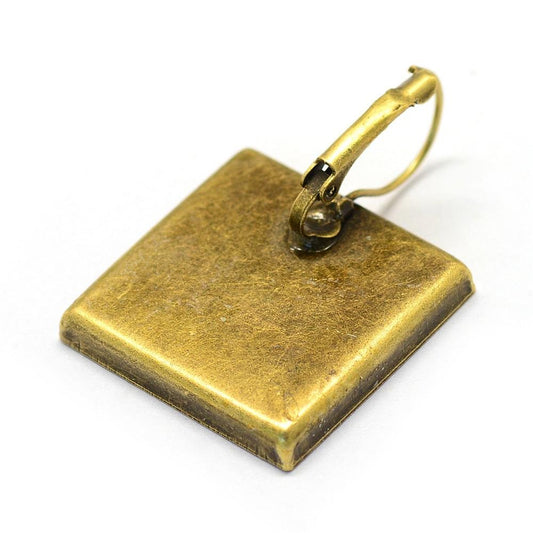 E360 - 10 pcs. Antique Bronze Earring Clips Settings Lever Back Bezels Cabochons - 25mm Glue Pad Setting (1 inch) - Square