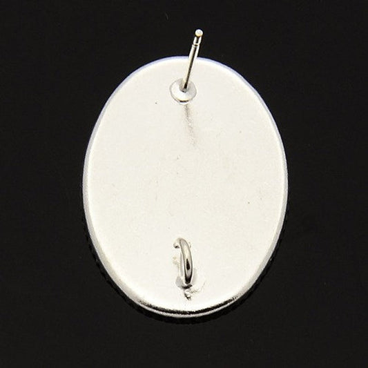 E411 - 10 pcs. Silver Plated Earring Tacks Posts Studs Settings Bezels Cabochons - Oval - 25mm x 18mm Glue Pad Setting