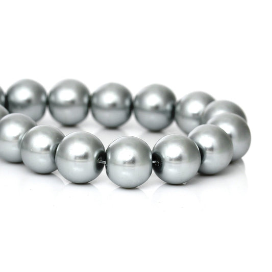 BD190 - 12mm Silver Gray Glass Pearl Imitation Round Beads - 16 inch strand - Approx. 35 Beads - Hole Size: 1mm