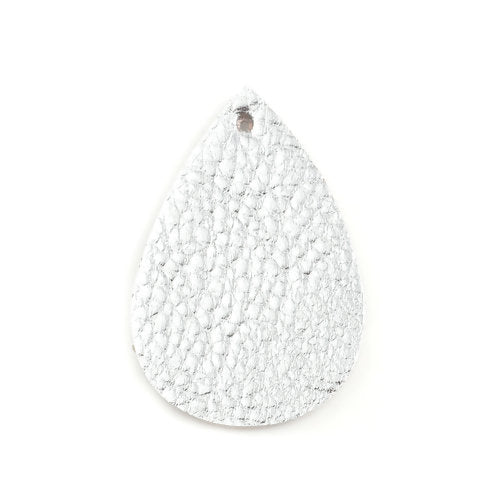 P1121 - 10 pcs. Silver Faux Leather Dangle Charms Pendants - Teardrop - 56mm (2.2") - Great for Light Earrings or Dangles! Double-Sided