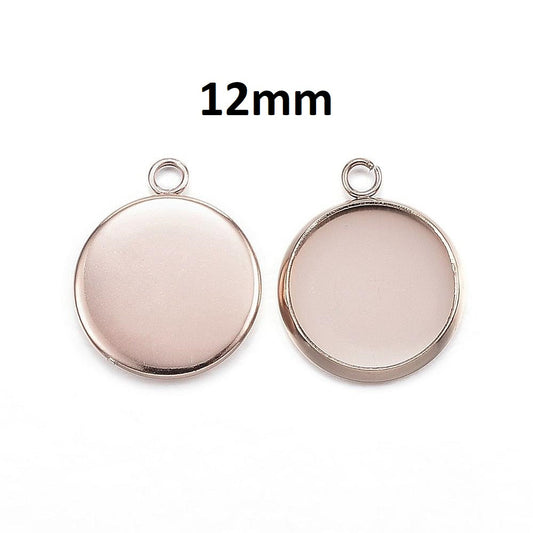P816 - 10 pcs. 304 Stainless Steel Rose Gold Plated Circle Round Bezel Cabochon Pendant Tags Trays - 12mm Glue Pad - Single Loop - Hypoallergenic